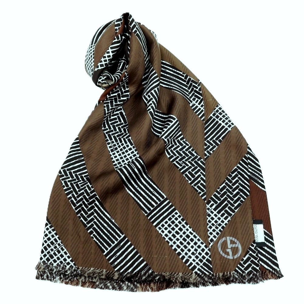 【中古】ジョルジオアルマーニ GIORGIO ARMANI シルク系 プリント ストール ブラウンxカーキ【 状態ランクC 】【 メンズ 】