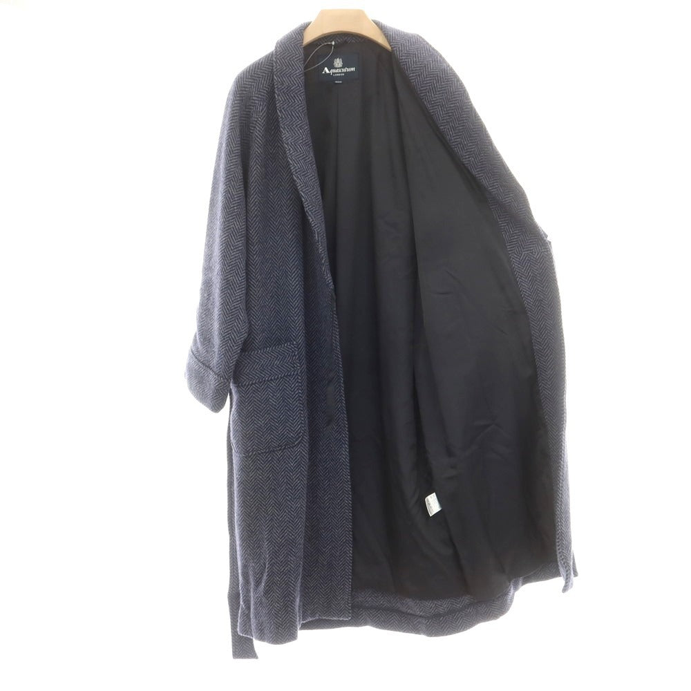 【中古】アクアスキュータム Aquascutum ウールカシミヤ ヘリンボーン ショールカラー ガウンコート ネイビー系【 M 】【 状態ランクB 】【 メンズ 】