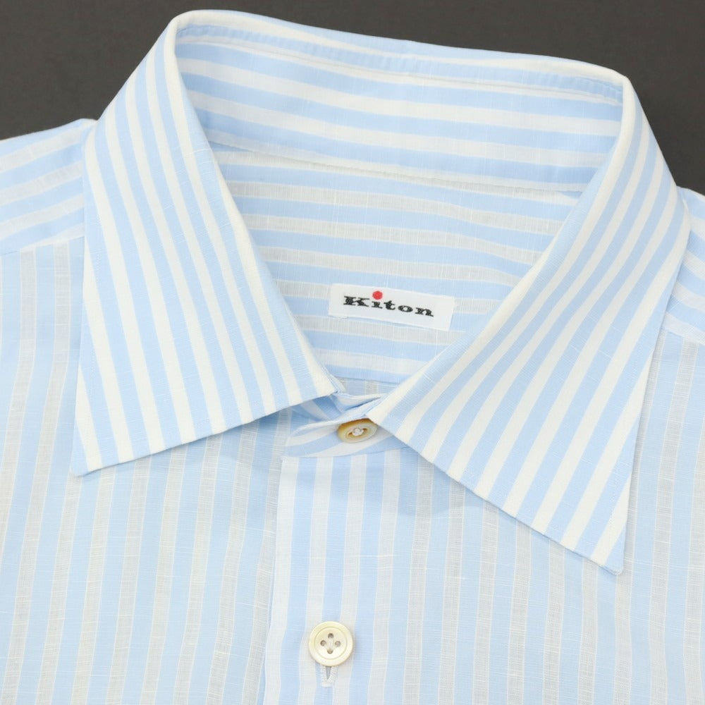 【中古】キートン Kiton コットンリネン ストライプ セミワイドカラー ドレスシャツ ライトブルーxホワイト【サイズ42】【 状態ランクB 】【 メンズ 】
