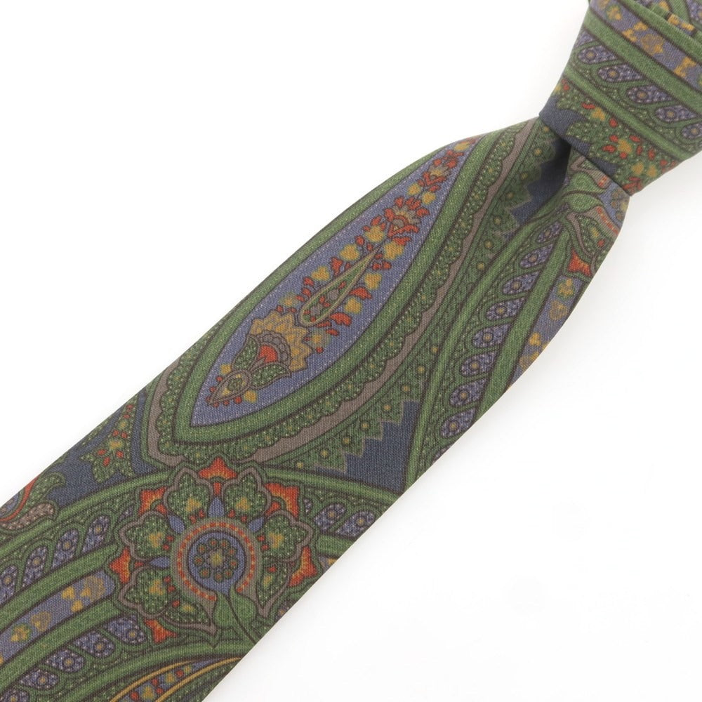 【中古】ブリューワー BREUER シルク プリント ペイズリー柄ネクタイ オリーブ系【 状態ランクA 】【 メンズ 】