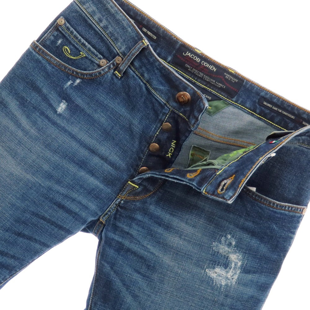 【中古】ヤコブコーエン JACOB COHEN NICK クラッシュ&リペア加工 ストレッチコットン ジーンズ デニムパンツ ネイビー【 32 】【 状態ランクB 】【 メンズ 】