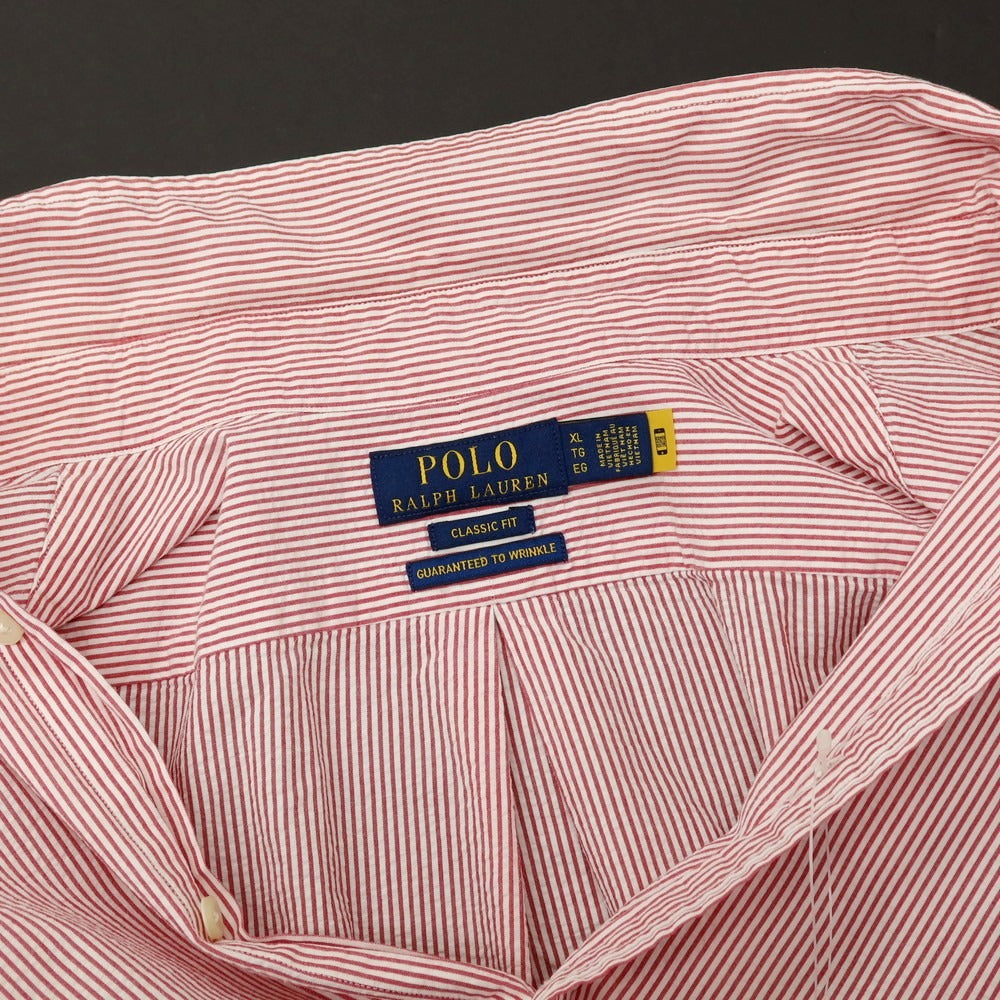 【中古】ポロ ラルフローレン Polo Ralph Lauren コットン シアサッカー ストライプ ボタンダウン 半袖シャツ レッドxホワイト【サイズXL】【 状態ランクB 】【 メンズ 】