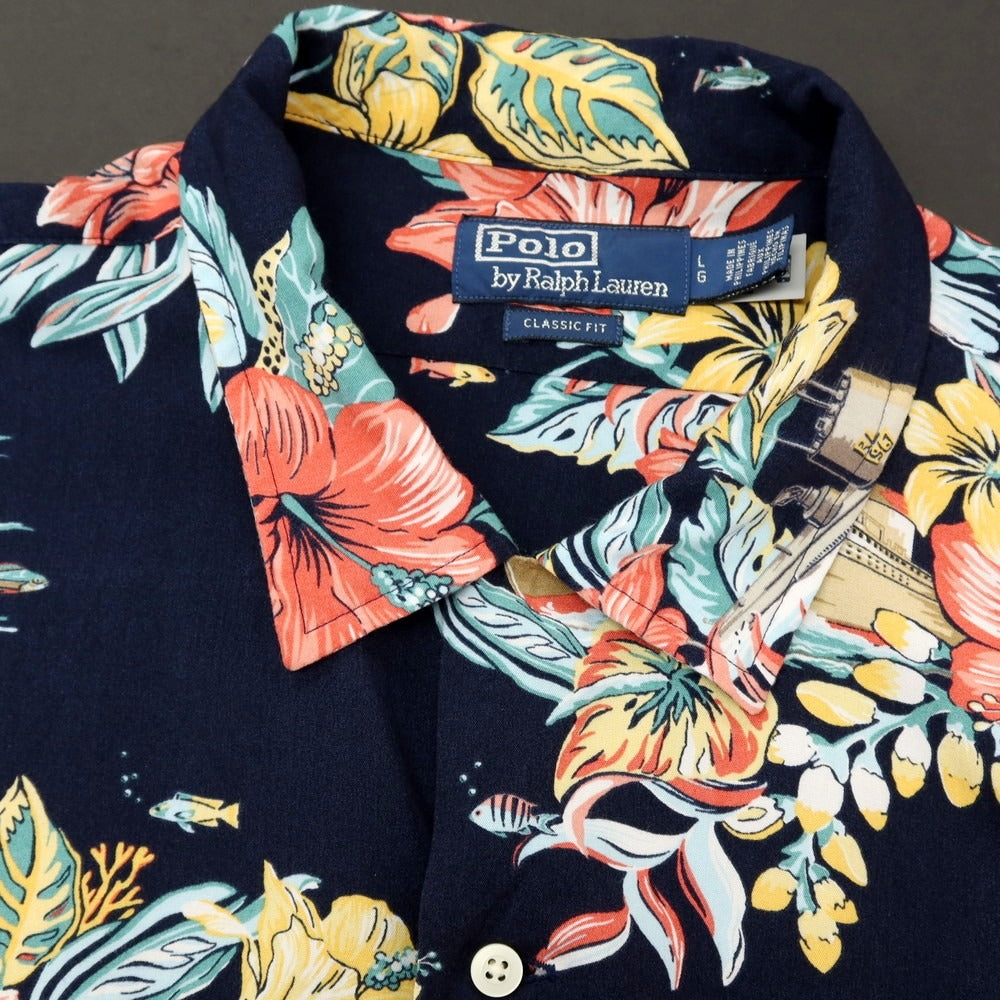 【中古】ポロ ラルフローレン Polo Ralph Lauren レーヨン ボタニカル柄 オープンカラー 半袖シャツ ネイビーxマルチカラー【サイズL】【 状態ランクB 】【 メンズ 】