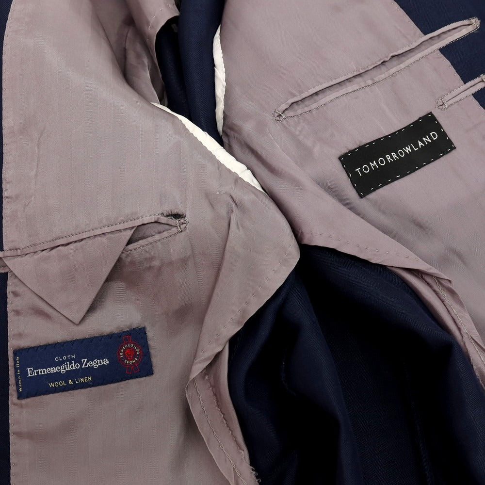 【中古】トゥモローランド TOMORROWLAND ウールリネン ヘリンボーンストライプ 2B テーラードジャケット ネイビー【サイズ48】【 状態ランクC 】【 メンズ 】