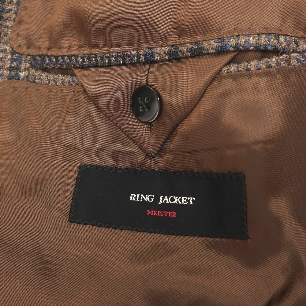【中古】リングヂャケット RING JACKET MEISTER シルクリネンコットンナイロン チェック 3B テーラードジャケット ブラウンxネイビー【サイズ46】【 状態ランクB 】【 メンズ 】