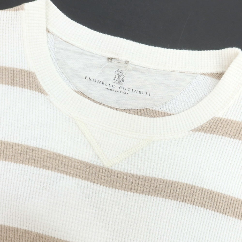 【中古】ブルネロクチネリ Brunello Cucinelli サーマルコットン ボーダー 長袖Tシャツ ホワイトxベージュ【 L 】【 状態ランクB 】【 メンズ 】