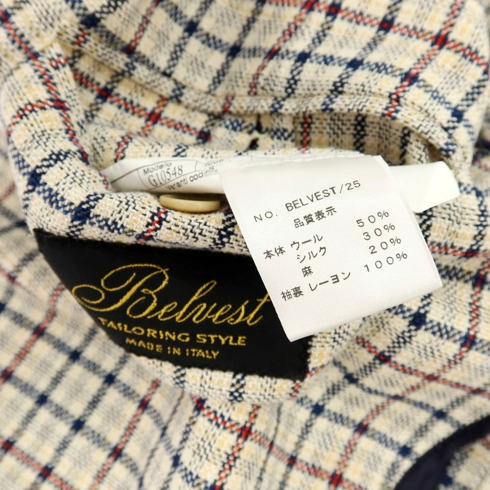 【中古】ベルベスト Belvest ウールシルクリネン チェック 3B テーラードジャケット ベージュxネイビー【サイズ46】【 状態ランクB 】【 メンズ 】