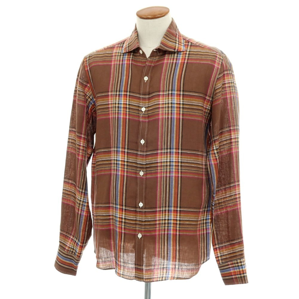 【中古】ジャンネット giannetto リネン チェック ワイドカラー カジュアルシャツ ブラウンxマルチカラー【サイズ40】【 状態ランクB 】【 メンズ 】