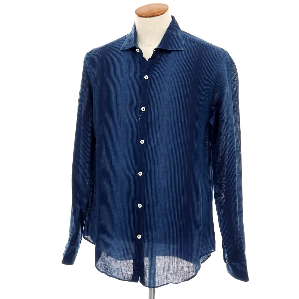 【中古】ジャンネット giannetto WASHING DIVISION リネン ワイドカラー カジュアルシャツ ネイビーxブルー【サイズ40】【 状態ランクB 】【 メンズ 】