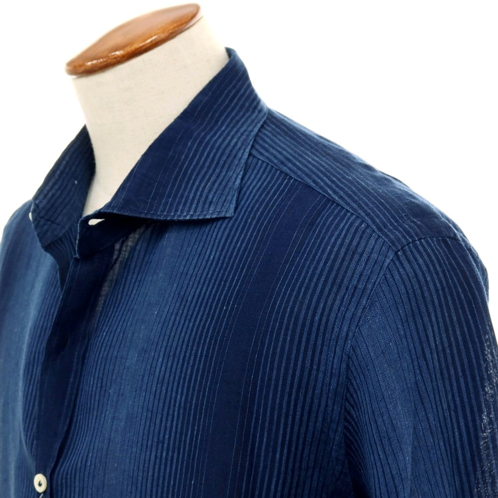 【中古】ジャンネット giannetto WASHING DIVISION リネン ワイドカラー カジュアルシャツ ネイビーxブルー【サイズ40】【 状態ランクB 】【 メンズ 】