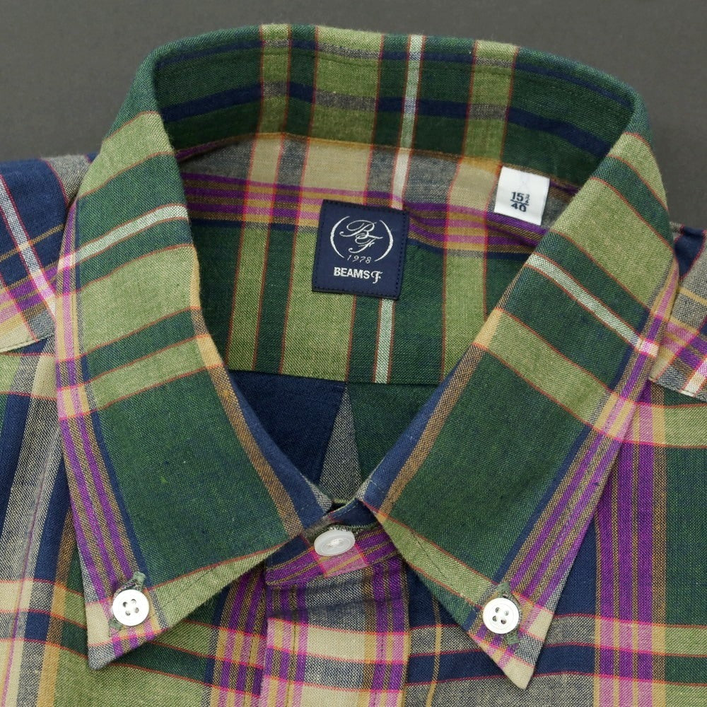 【中古】ビームスエフ BEAMS F コットン チェック ボタンダウン カジュアルシャツ ネイビーxグリーン【 40 】【 状態ランクB 】【 メンズ 】