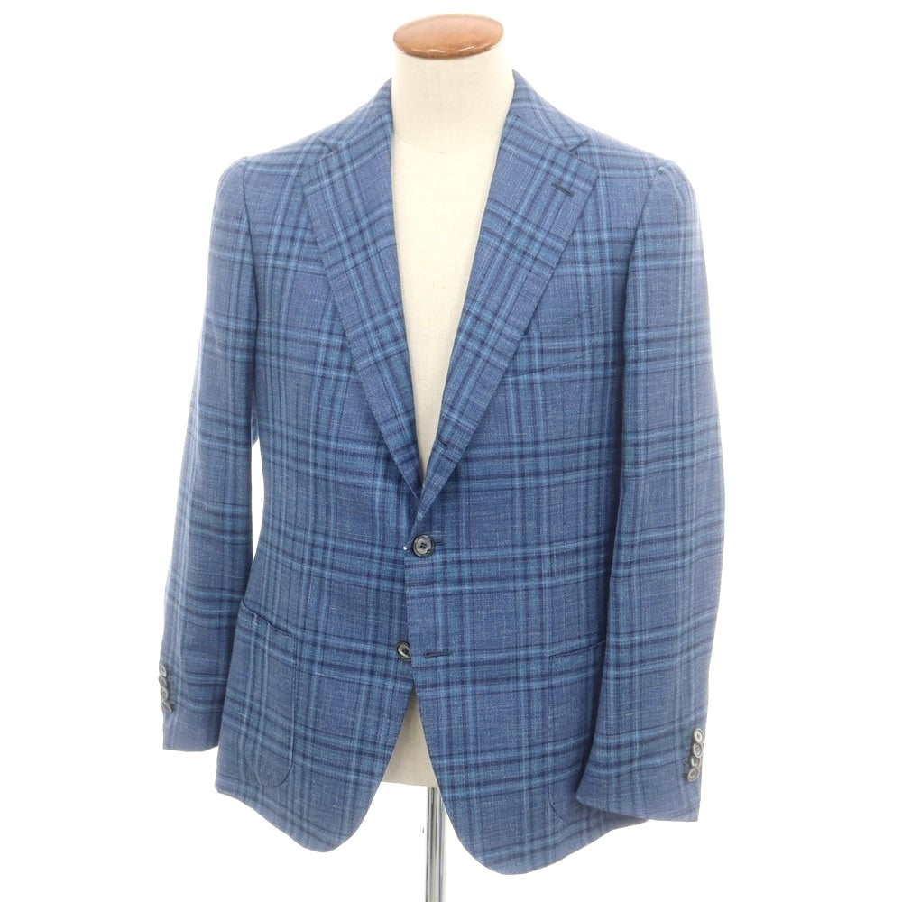 【中古】チェーザレ アットリーニ Cesare Attolini カシミヤシルクリネン チェック 3B テーラードジャケット ダークブルー【 48 】【 状態ランクB 】【 メンズ 】