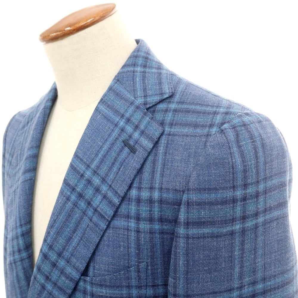 【中古】チェーザレ アットリーニ Cesare Attolini カシミヤシルクリネン チェック 3B テーラードジャケット ダークブルー【 48 】【 状態ランクB 】【 メンズ 】