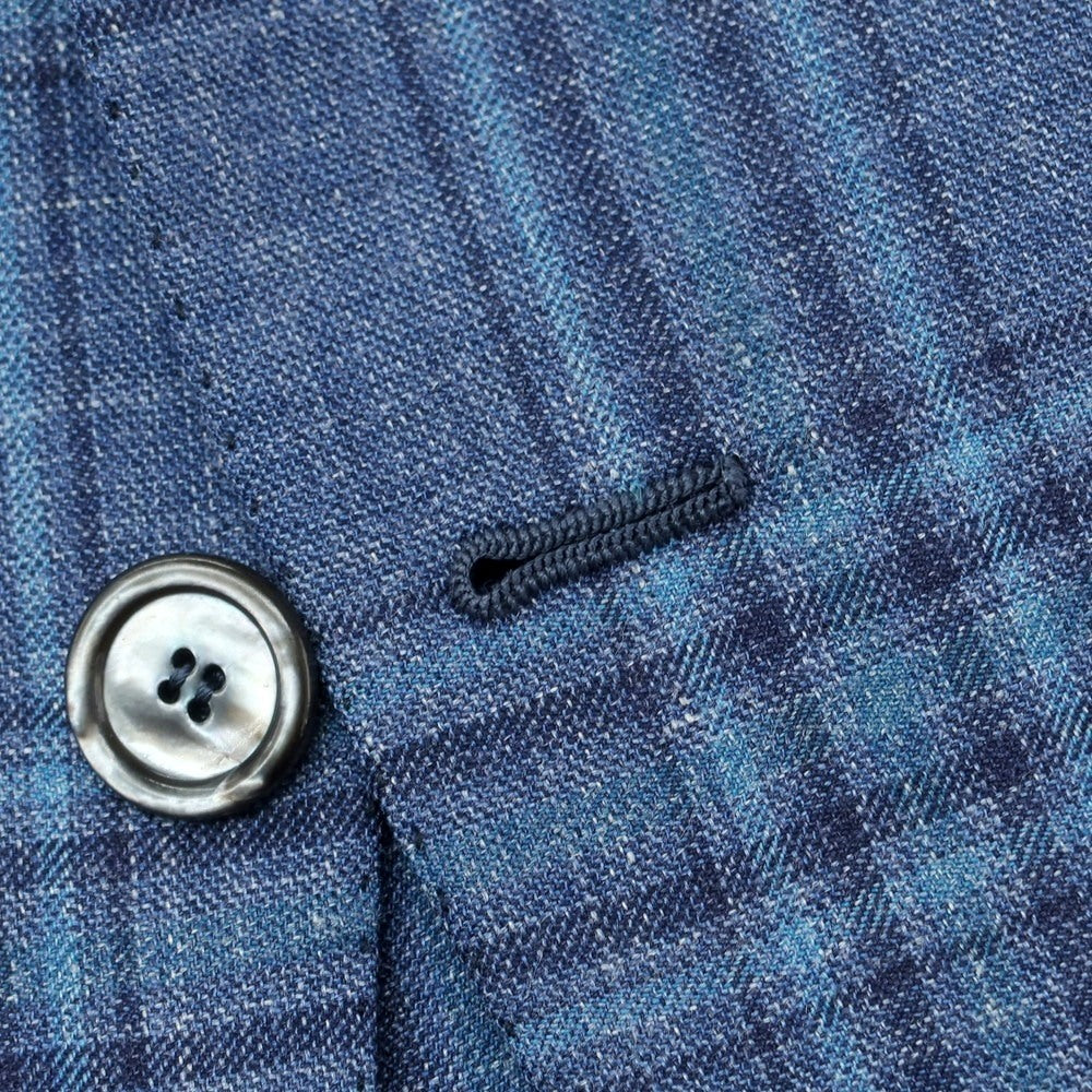 【中古】チェーザレ アットリーニ Cesare Attolini カシミヤシルクリネン チェック 3B テーラードジャケット ダークブルー【 48 】【 状態ランクB 】【 メンズ 】