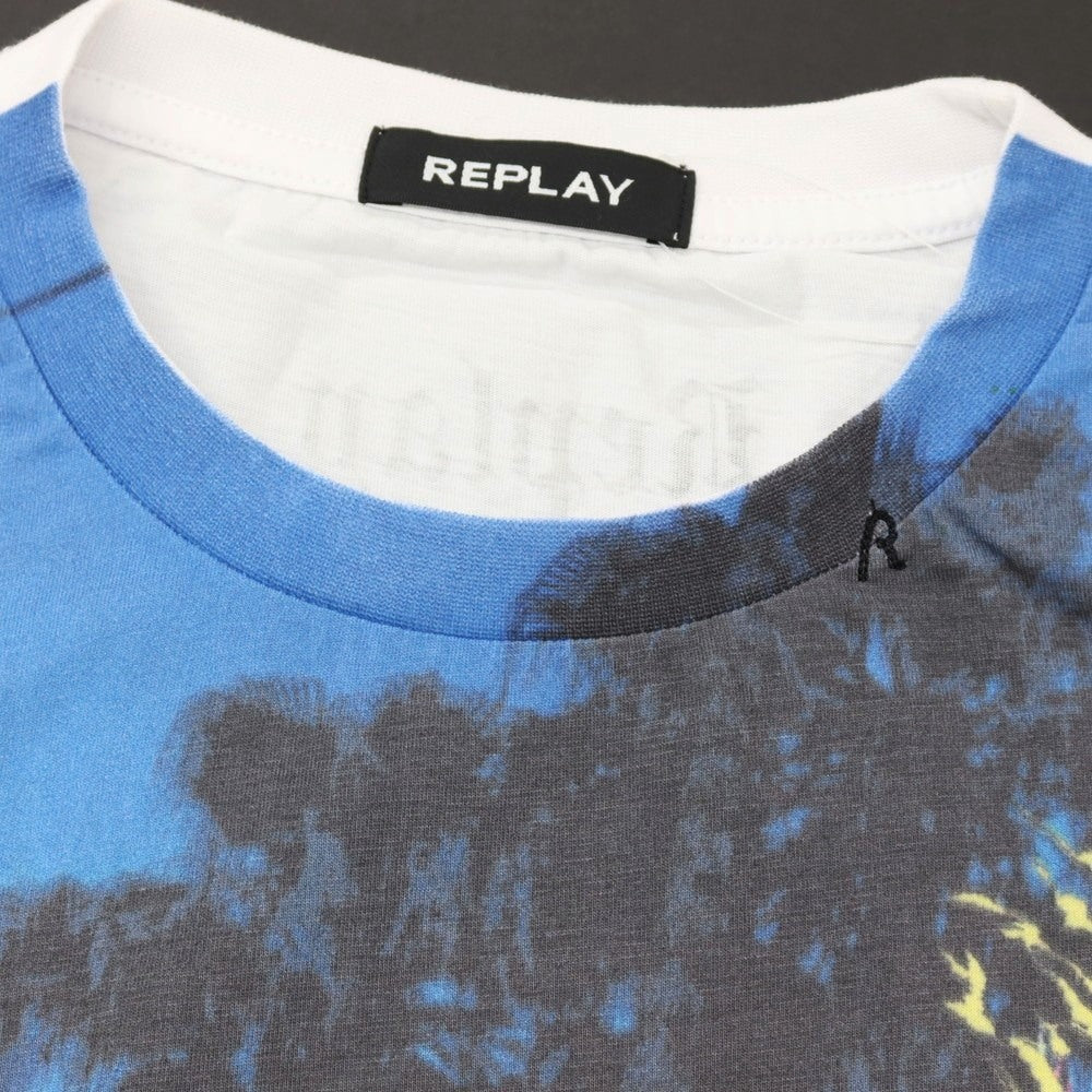 【中古】【未使用】リプレイ REPLAY コットン プリント クルーネック 半袖Tシャツ ホワイトxブルー【サイズM】【 状態ランクS 】【 メンズ 】