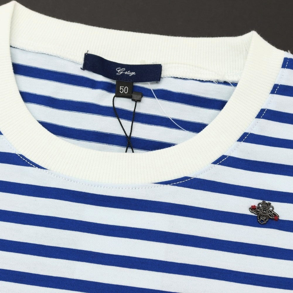 【中古】【未使用】ジーステージ g-stage コットン ボーダー クルーネック 半袖Tシャツ ブルーxライトブルー【サイズ50】【 状態ランクS 】【 メンズ 】