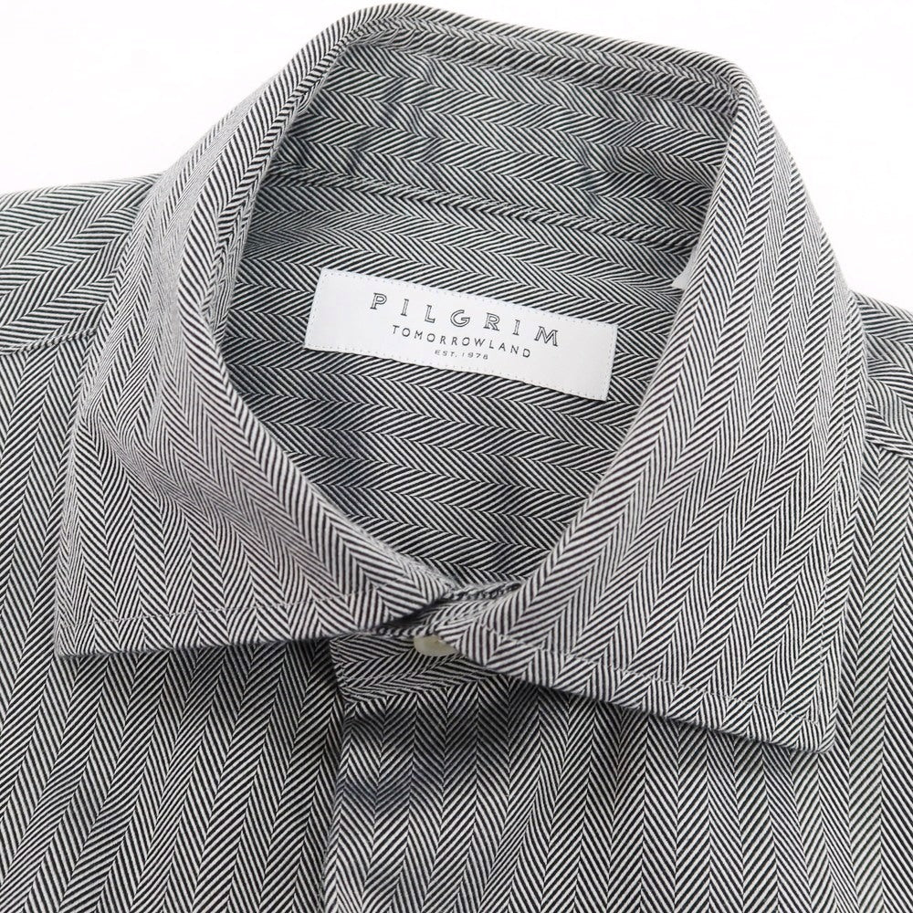 【中古】トゥモローランド TOMORROWLAND PILGRIM コットン ヘリンボーン セミワイドカラー ドレスシャツ ブラックxホワイト【 37 】【 状態ランクB 】【 メンズ 】