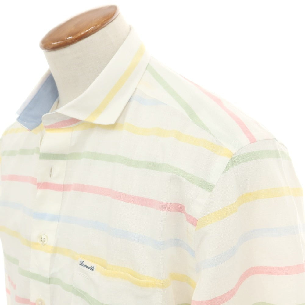 【中古】ファッソナブル Faconnable CLUB コットンリネン ボーダー プルオーバー カジュアルシャツ ホワイトxマルチカラー【 M 】【 状態ランクA 】【 メンズ 】