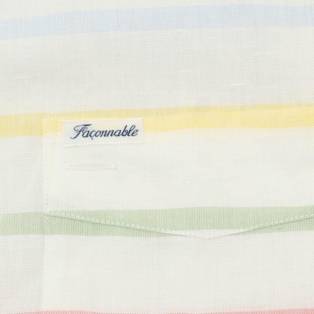 【中古】ファッソナブル Faconnable CLUB コットンリネン ボーダー プルオーバー カジュアルシャツ ホワイトxマルチカラー【 M 】【 状態ランクA 】【 メンズ 】