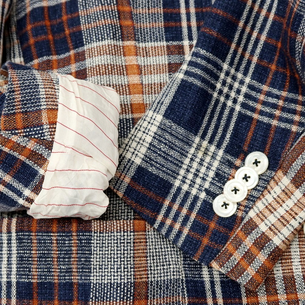 【中古】ザ ジジ THE GIGI リネンコットン チェック テーラードジャケット ネイビーxオレンジ【サイズ44】【 状態ランクB 】【 メンズ 】