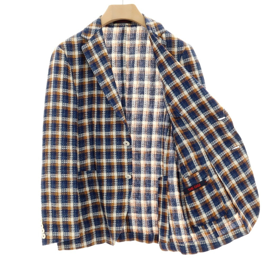【中古】ザ ジジ THE GIGI リネンコットン チェック テーラードジャケット ネイビーxオレンジ系【サイズ46】【 状態ランクC 】【 メンズ 】