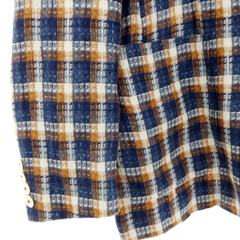 【中古】ザ ジジ THE GIGI リネンコットン チェック テーラードジャケット ネイビーxオレンジ系【サイズ46】【 状態ランクC 】【 メンズ 】