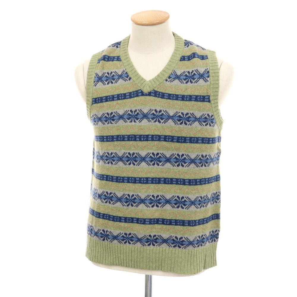 【中古】ビームスプラス BEAMS PLUS リネンコットン フェアアイル Vネック ニットベスト ライトグリーンxネイビー【サイズS】【 状態ランクB 】【 メンズ 】