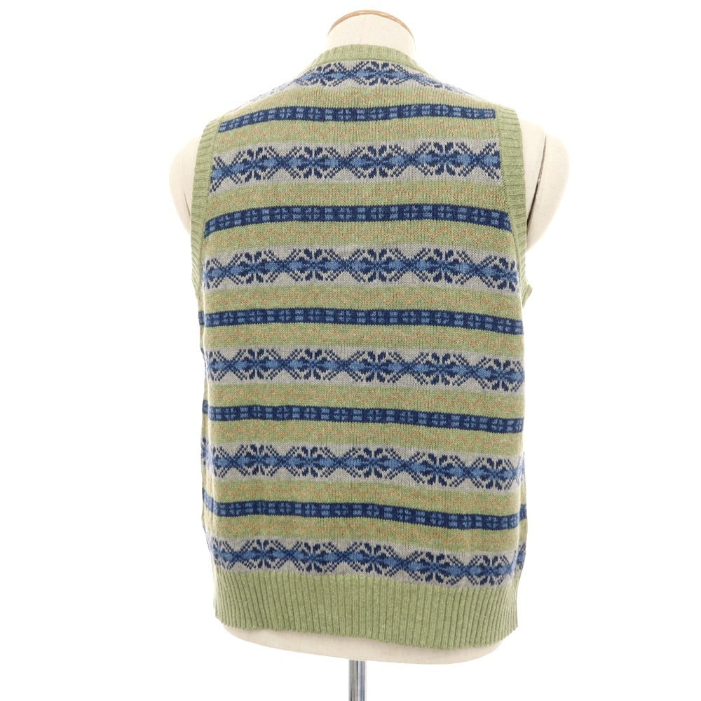 【中古】ビームスプラス BEAMS PLUS リネンコットン フェアアイル Vネック ニットベスト ライトグリーンxネイビー【サイズS】【 状態ランクB 】【 メンズ 】