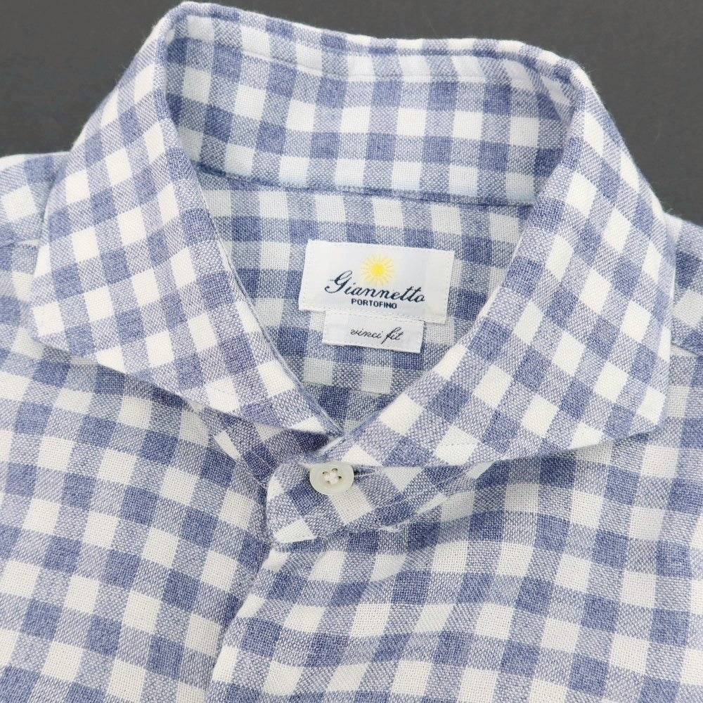 【中古】ジャンネット giannetto レーヨンウール ギンガムチェック ホリゾンタルカラー カジュアルシャツ グレイッシュネイビーxホワイト【 40 】【 状態ランクB 】【 メンズ 】
