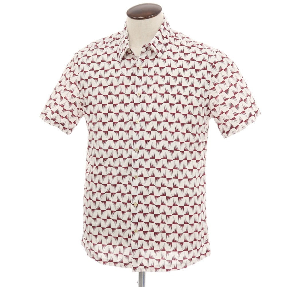 【新品】ガウディ GAUDI コットン 総柄 プリント レギュラーカラー 半袖シャツ ホワイトxボルドー【サイズL】【 状態ランクN 】【 メンズ 】