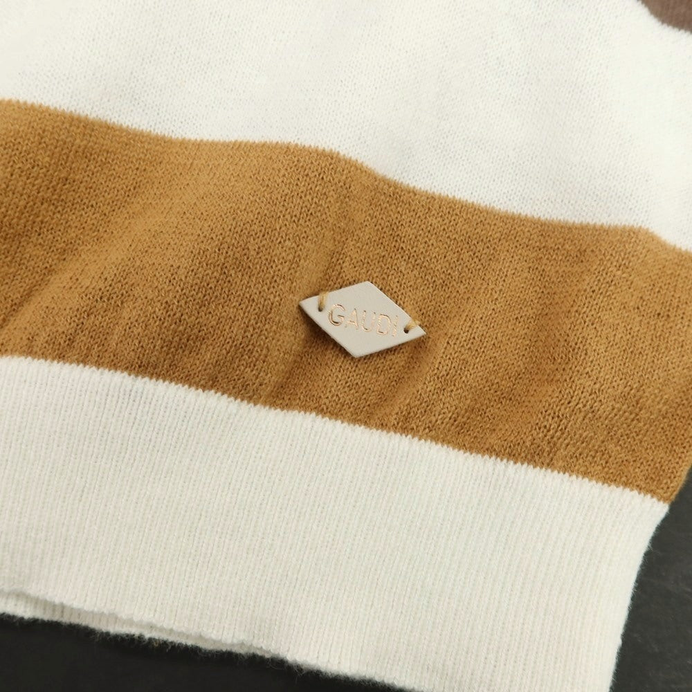 【新品】ガウディ GAUDI ハイゲージ コットン ボーダー クルーネック 半袖 プルオーバーニット ブラウン系xホワイト【 L 】【 状態ランクN 】【 メンズ 】