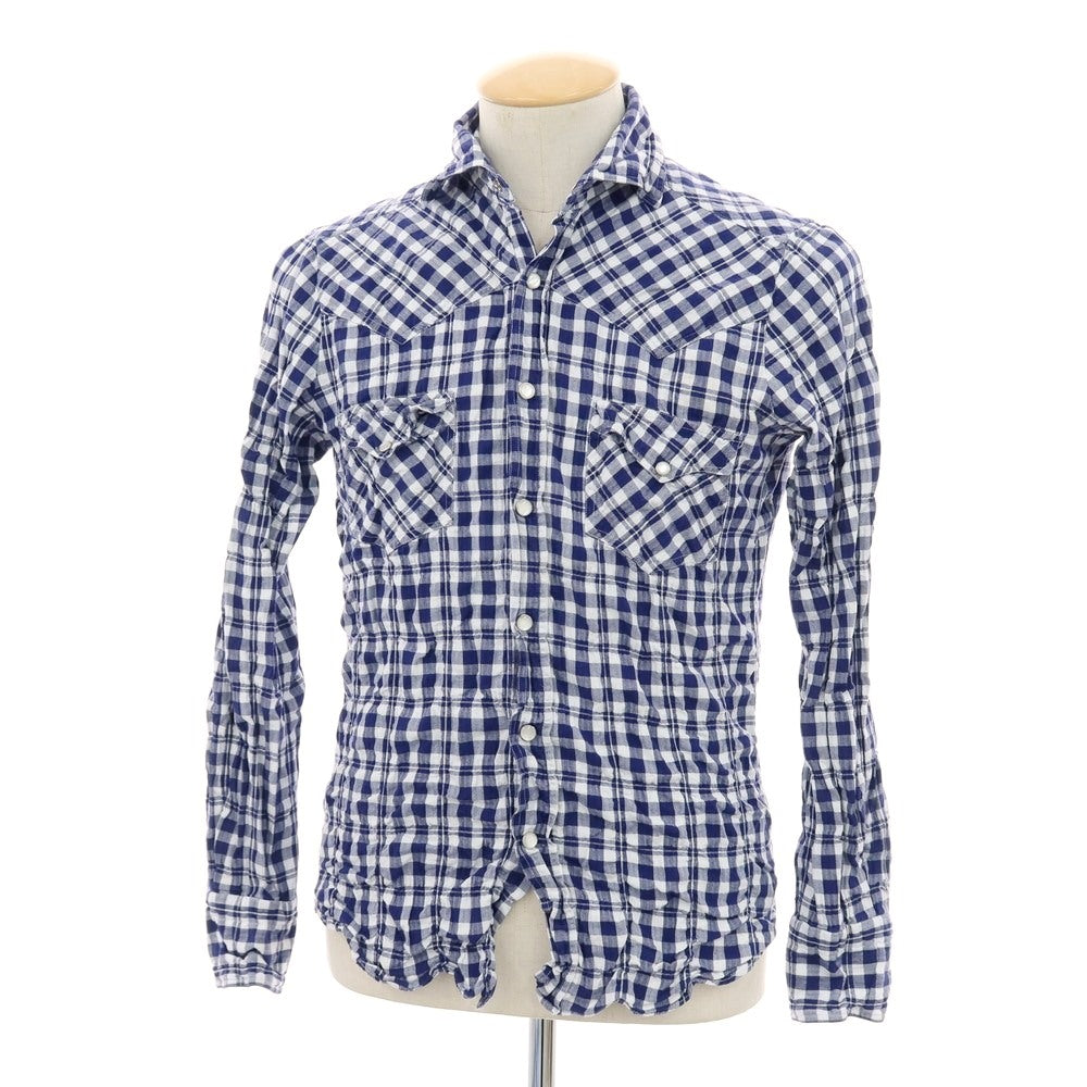 【中古】フィナモレ Finamore シワ加工 コットン ギンガムチェック ウエスタンシャツ ネイビーxホワイト【 38 】【 状態ランクC 】【 メンズ 】