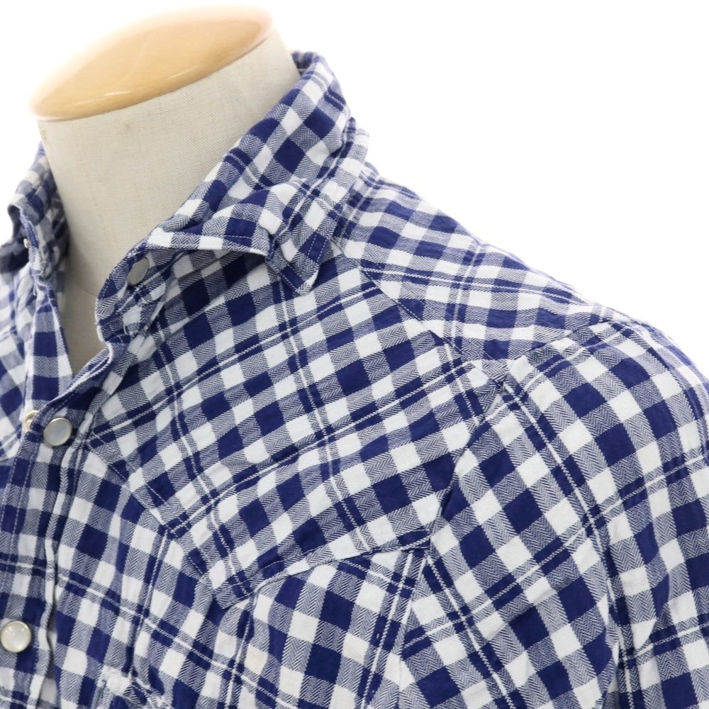 【中古】フィナモレ Finamore シワ加工 コットン ギンガムチェック ウエスタンシャツ ネイビーxホワイト【 38 】【 状態ランクC 】【 メンズ 】