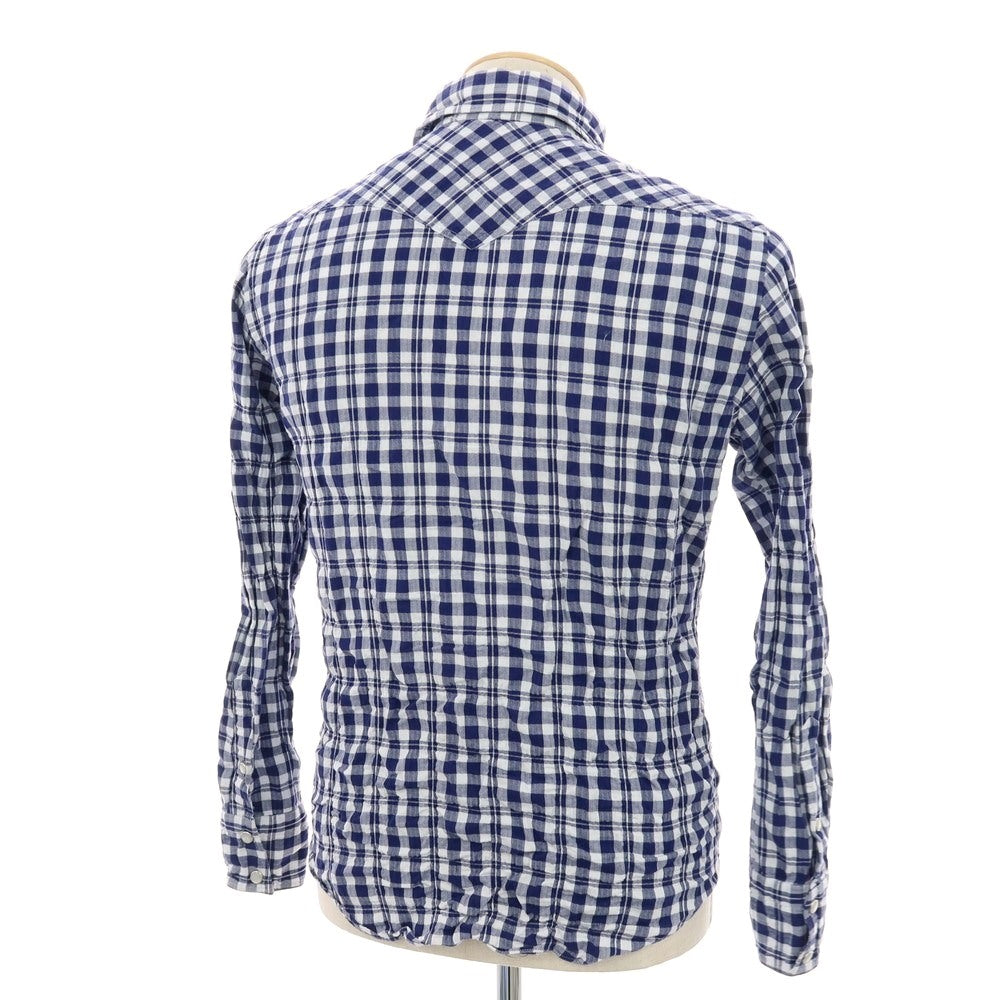 【中古】フィナモレ Finamore シワ加工 コットン ギンガムチェック ウエスタンシャツ ネイビーxホワイト【 38 】【 状態ランクC 】【 メンズ 】