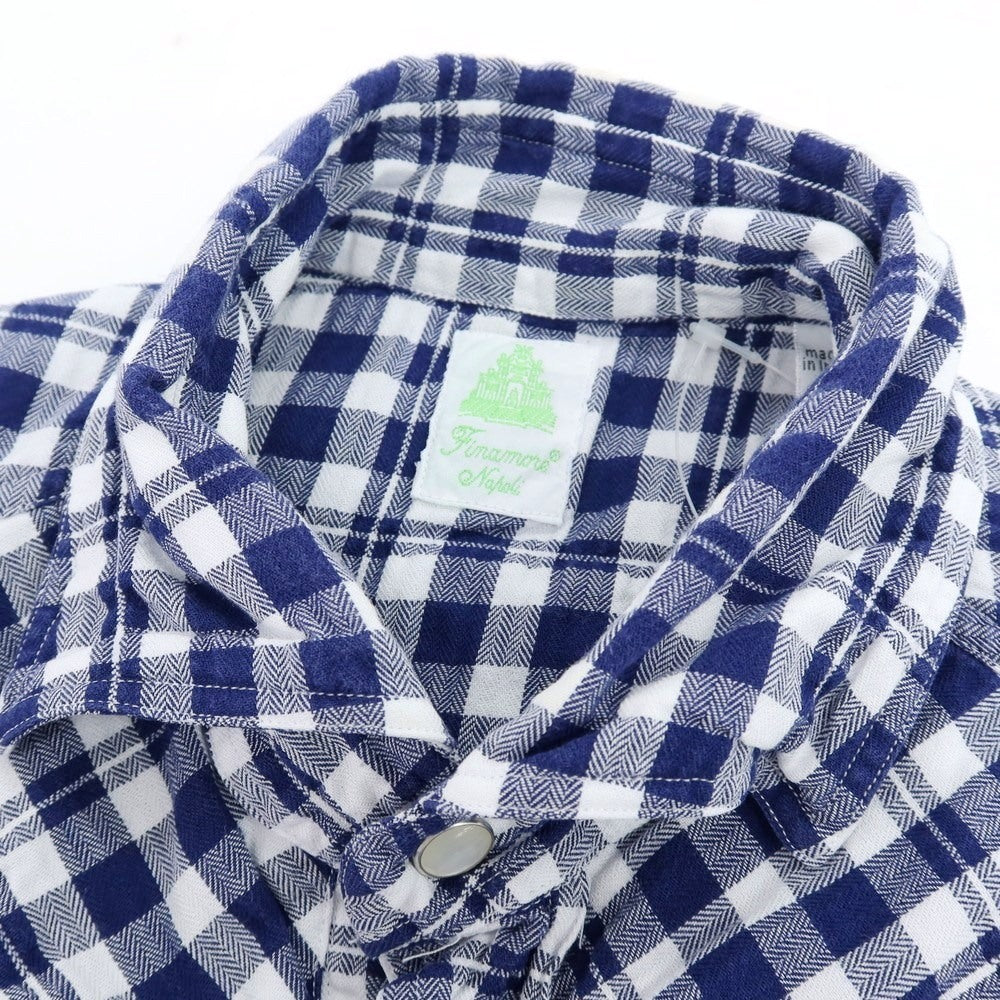【中古】フィナモレ Finamore シワ加工 コットン ギンガムチェック ウエスタンシャツ ネイビーxホワイト【 38 】【 状態ランクC 】【 メンズ 】