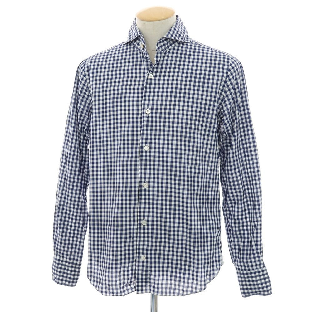 【中古】フィナモレ Finamore コットン ギンガムチェック ホリゾンタルカラー カジュアルシャツ ネイビーxホワイト【 表記なし(S位) 】【 状態ランクC 】【 メンズ 】