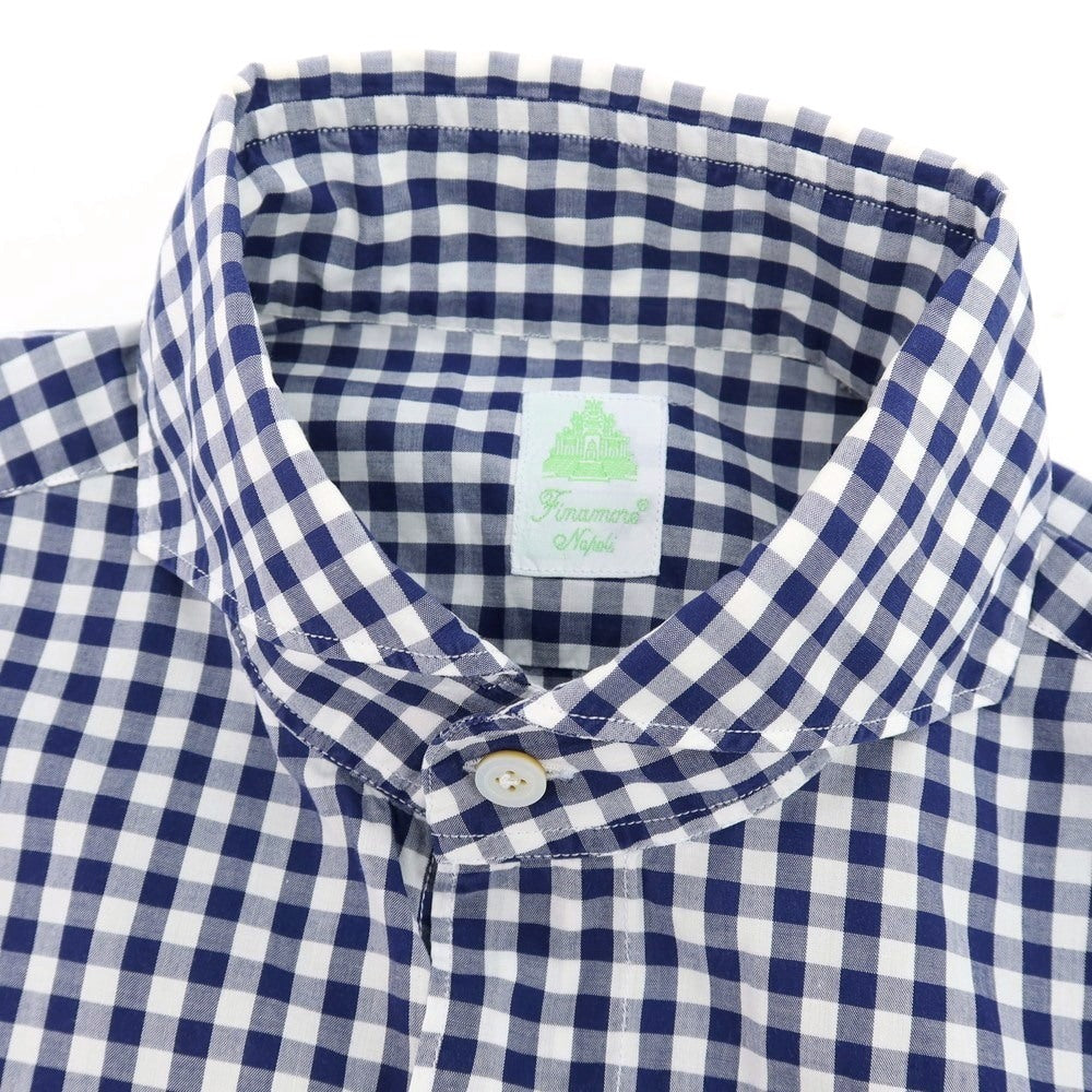 【中古】フィナモレ Finamore コットン ギンガムチェック ホリゾンタルカラー カジュアルシャツ ネイビーxホワイト【 表記なし(S位) 】【 状態ランクC 】【 メンズ 】