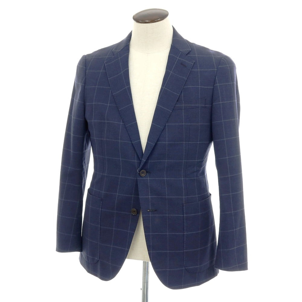 【中古】バーニーズニューヨーク BARNEYS NEWYORK ウール ウィンドウペーンチェック 2B テーラードジャケット ネイビー【サイズ50】【 状態ランクC 】【 メンズ 】
