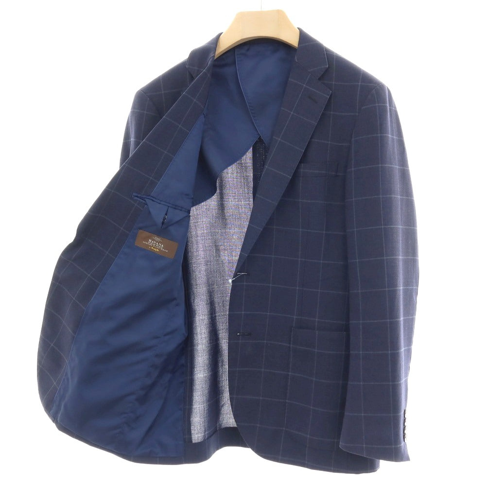 【中古】バーニーズニューヨーク BARNEYS NEWYORK ウール ウィンドウペーンチェック 2B テーラードジャケット ネイビー【サイズ50】【 状態ランクC 】【 メンズ 】