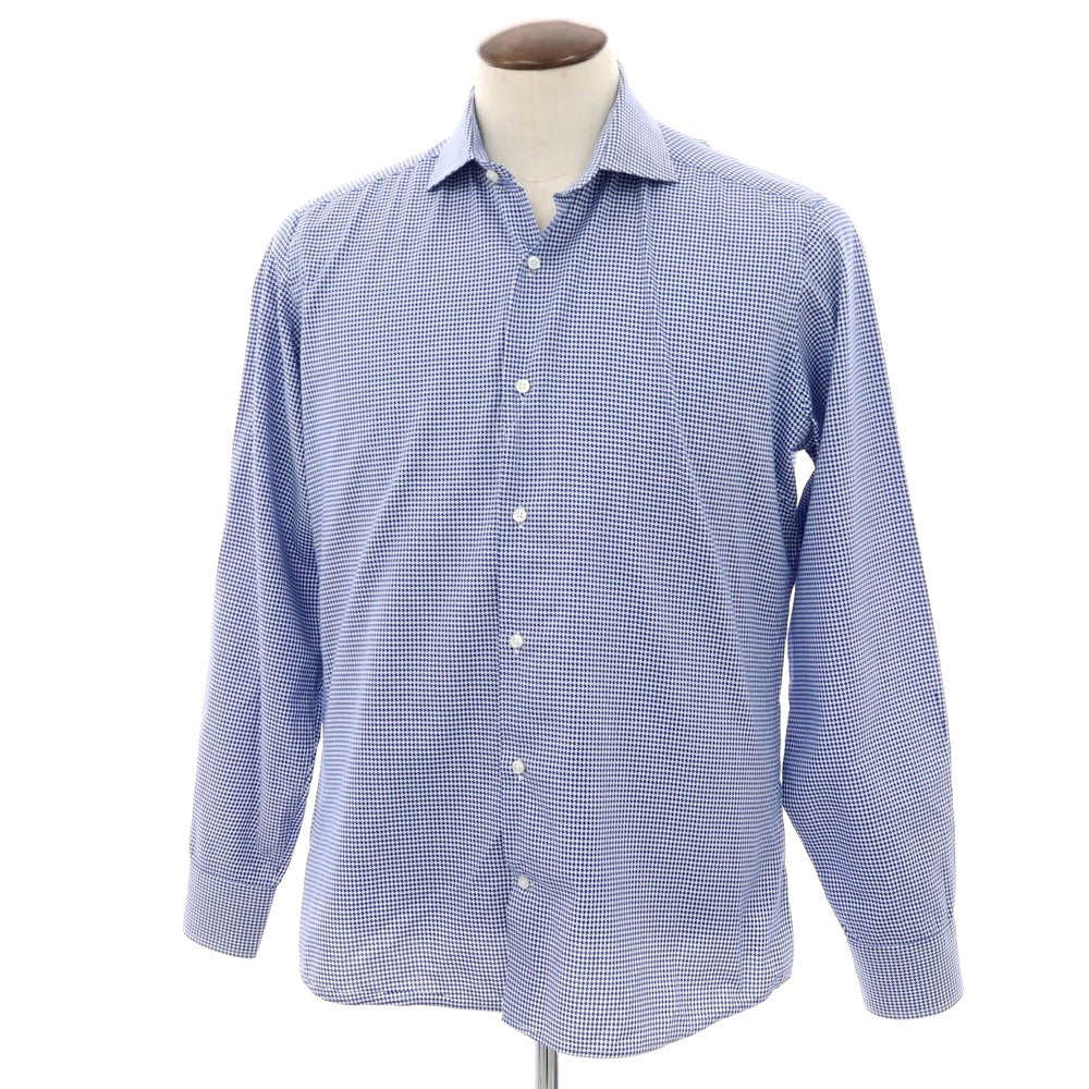 【中古】レコパン Les Copains コットン ハウンドトゥース ワイドカラー カジュアルシャツ ブルーxホワイト【 41 】【 状態ランクB 】【 メンズ 】