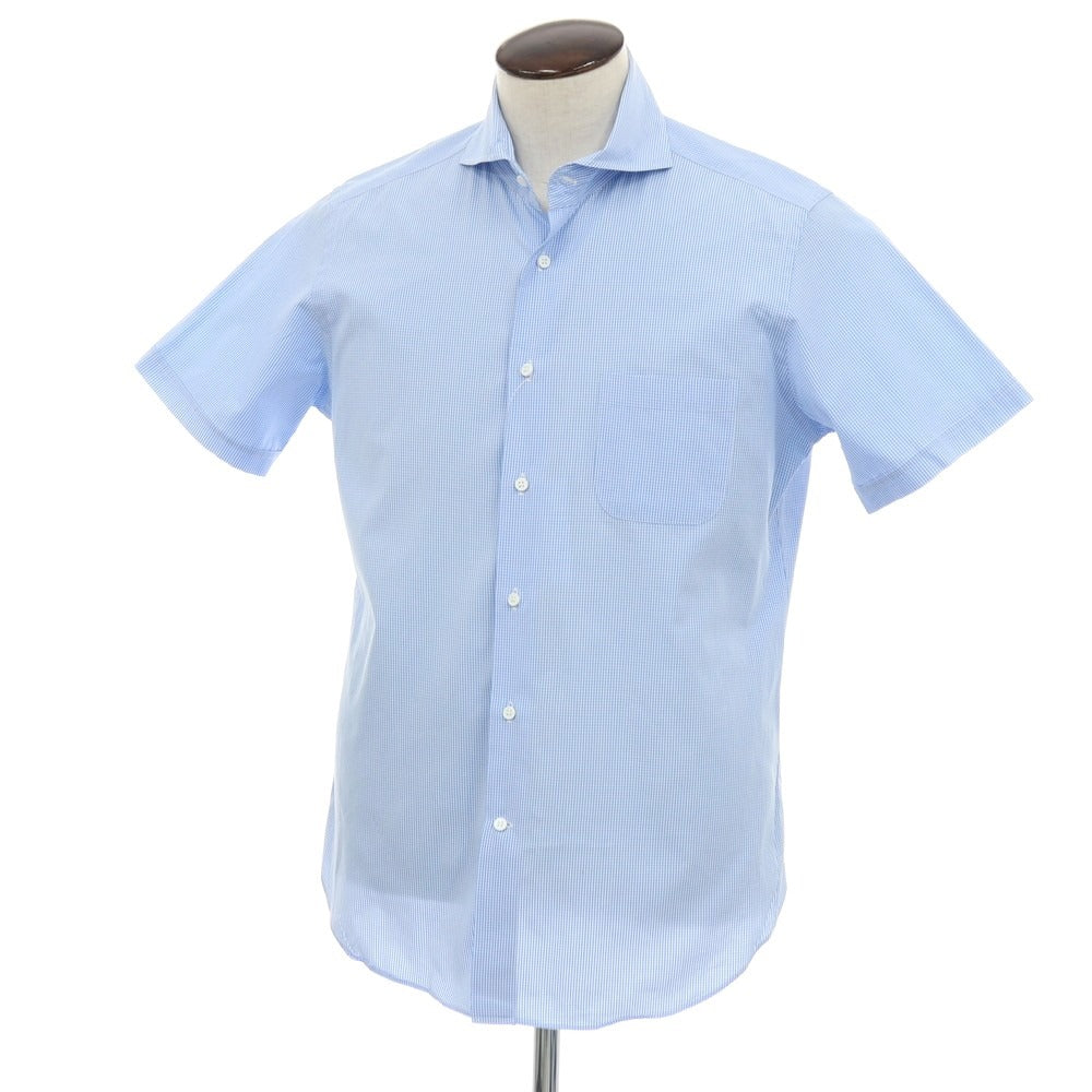 【中古】バーニーズニューヨーク BARNEYS NEWYORK コットン ギンガムチェック ホリゾンタルカラー 半袖シャツ ブルーxホワイト【サイズL】【 状態ランクC 】【 メンズ 】