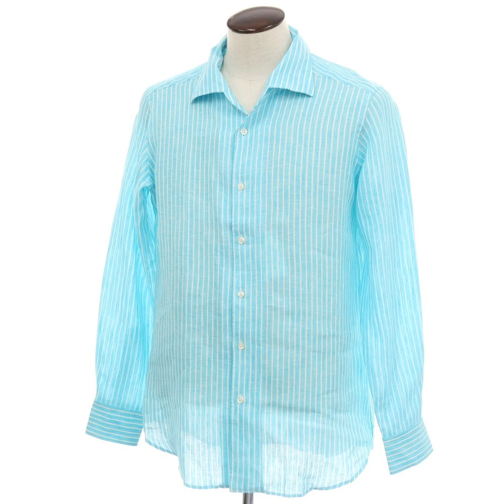 【新品】バグッタ Bagutta リネン ストライプ イタリアンカラー カジュアルシャツ ライトブルーxホワイト【サイズ43】【 状態ランクN 】【 メンズ 】