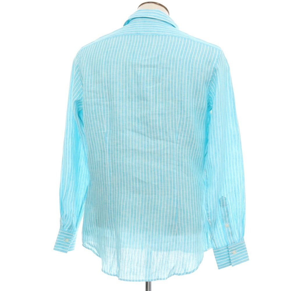 【新品】バグッタ Bagutta リネン ストライプ イタリアンカラー カジュアルシャツ ライトブルーxホワイト【サイズ43】【 状態ランクN 】【 メンズ 】