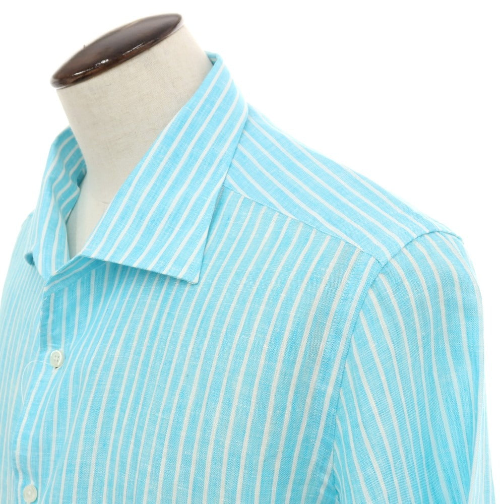 【新品アウトレット】バグッタ Bagutta リネン ストライプ イタリアンカラー カジュアルシャツ ライトブルーxホワイト【サイズ44】【 状態ランクN- 】【 メンズ 】