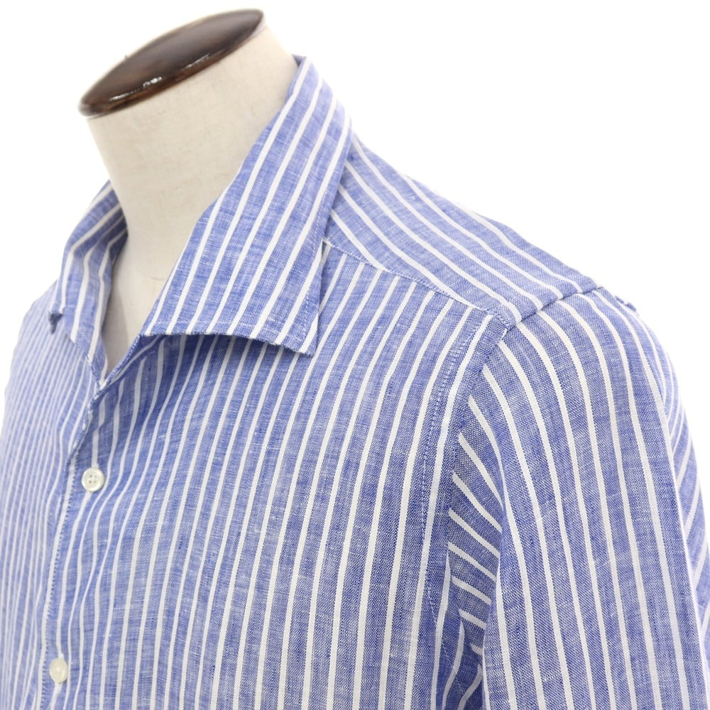 【新品】バグッタ Bagutta リネン ストライプ イタリアンカラー カジュアルシャツ ネイビーブルーxホワイト【サイズ41】【 状態ランクN 】【 メンズ 】