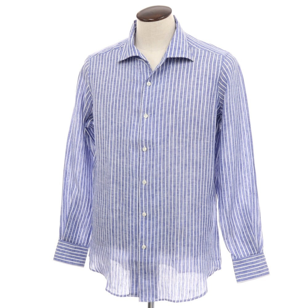 【新品】バグッタ Bagutta リネン ストライプ イタリアンカラー カジュアルシャツ ネイビーブルーxホワイト【サイズ42】【 状態ランクN 】【 メンズ 】