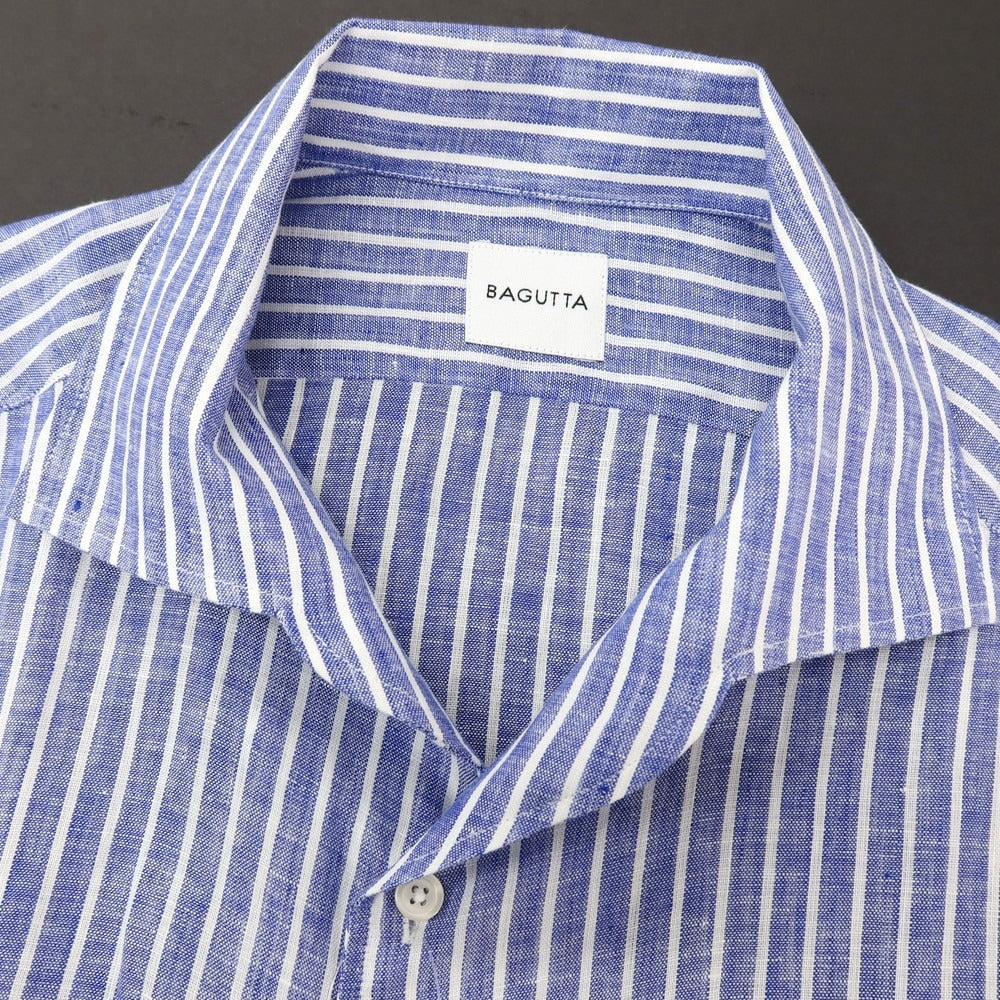【新品】バグッタ Bagutta リネン ストライプ イタリアンカラー カジュアルシャツ ネイビーブルーxホワイト【サイズ42】【 状態ランクN 】【 メンズ 】
