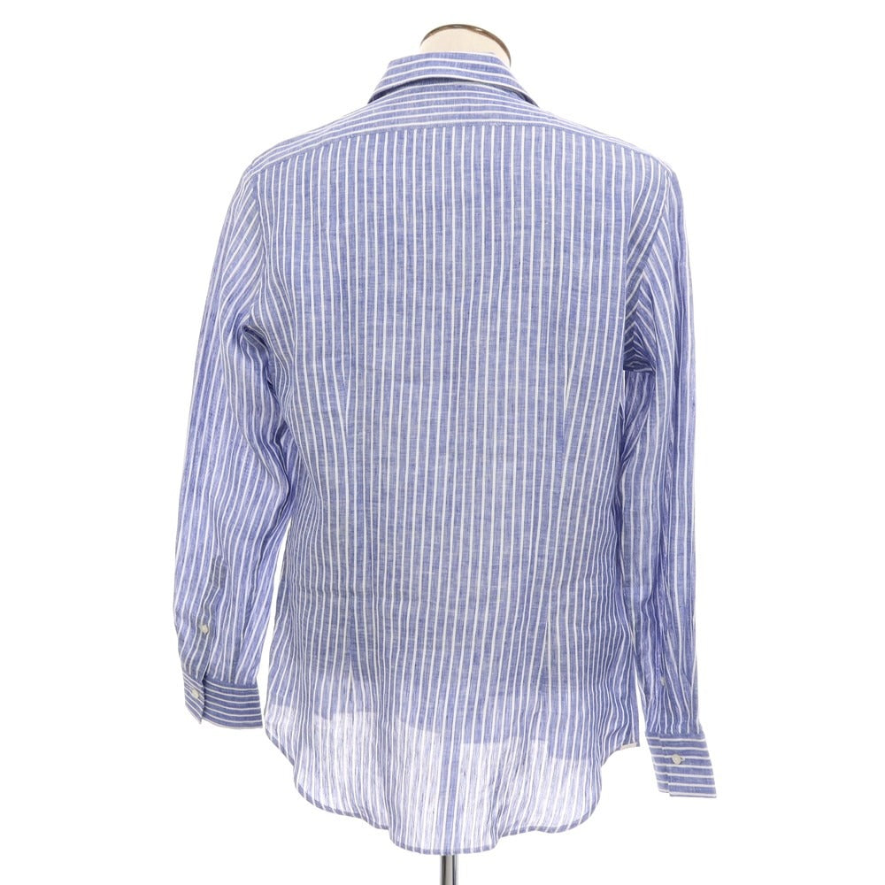 【新品】バグッタ Bagutta リネン ストライプ イタリアンカラー カジュアルシャツ ネイビーブルーxホワイト【サイズ43】【 状態ランクN 】【 メンズ 】