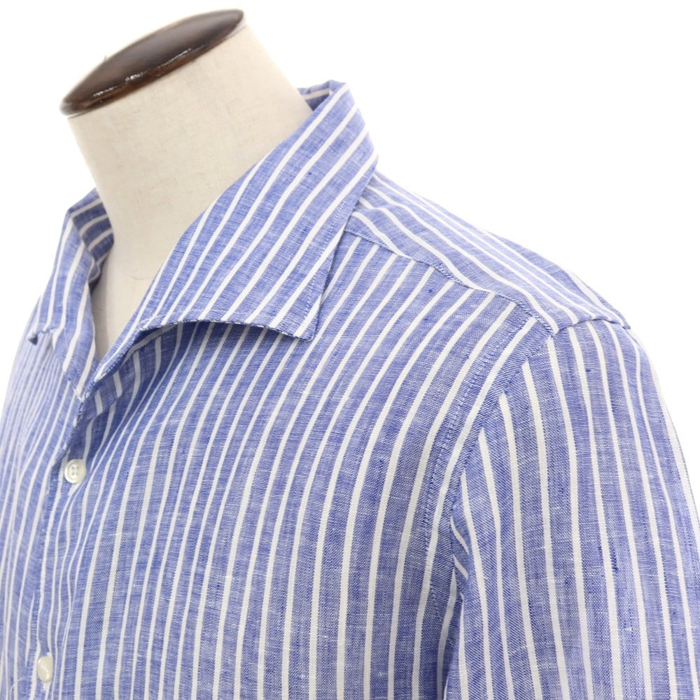 【新品】バグッタ Bagutta リネン ストライプ イタリアンカラー カジュアルシャツ ネイビーブルーxホワイト【サイズ44】【 状態ランクN 】【 メンズ 】