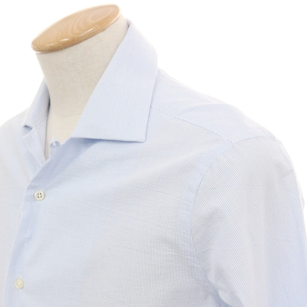 【新品アウトレット】バグッタ Bagutta MIKE サッカー調コットン ストライプ オープンカラー カジュアルシャツ ブルーxホワイト【サイズ38】【 状態ランクN- 】【 メンズ 】